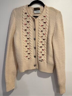 Geiger 100% Wool Cable Knit Flower Embroidered Button Up Cardigan Sweater